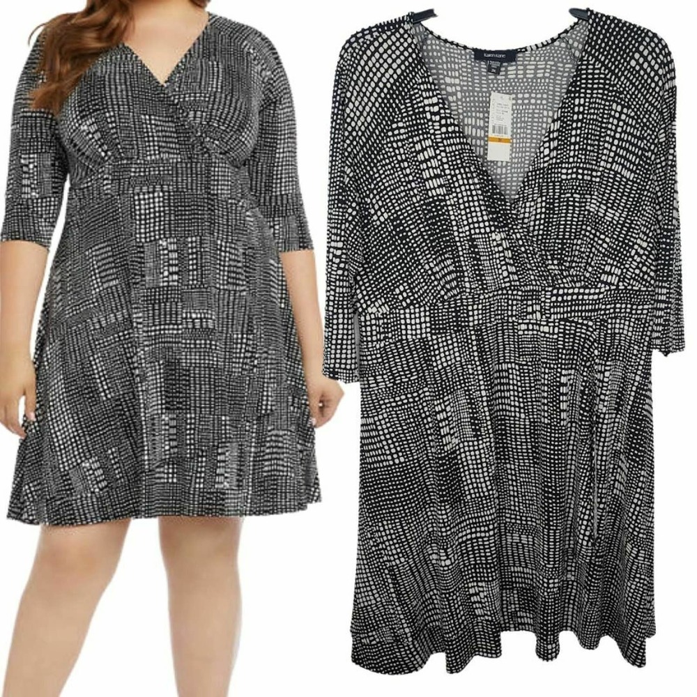 Karen Kane Dress Black White 3/4 Sleeve 3X Stretch Comfort Fit Faux Wrap V-Neck